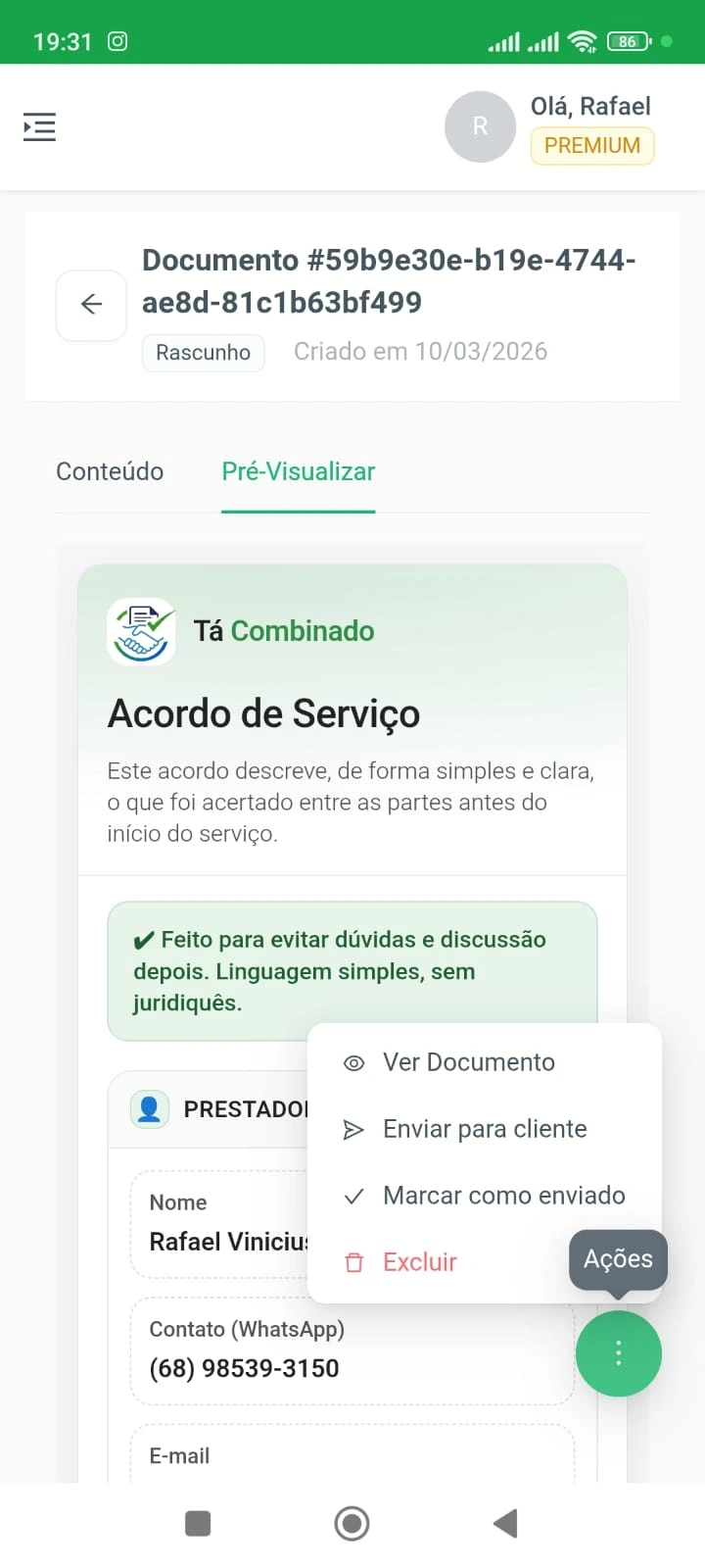 Preview do acordo no Tá Combinado